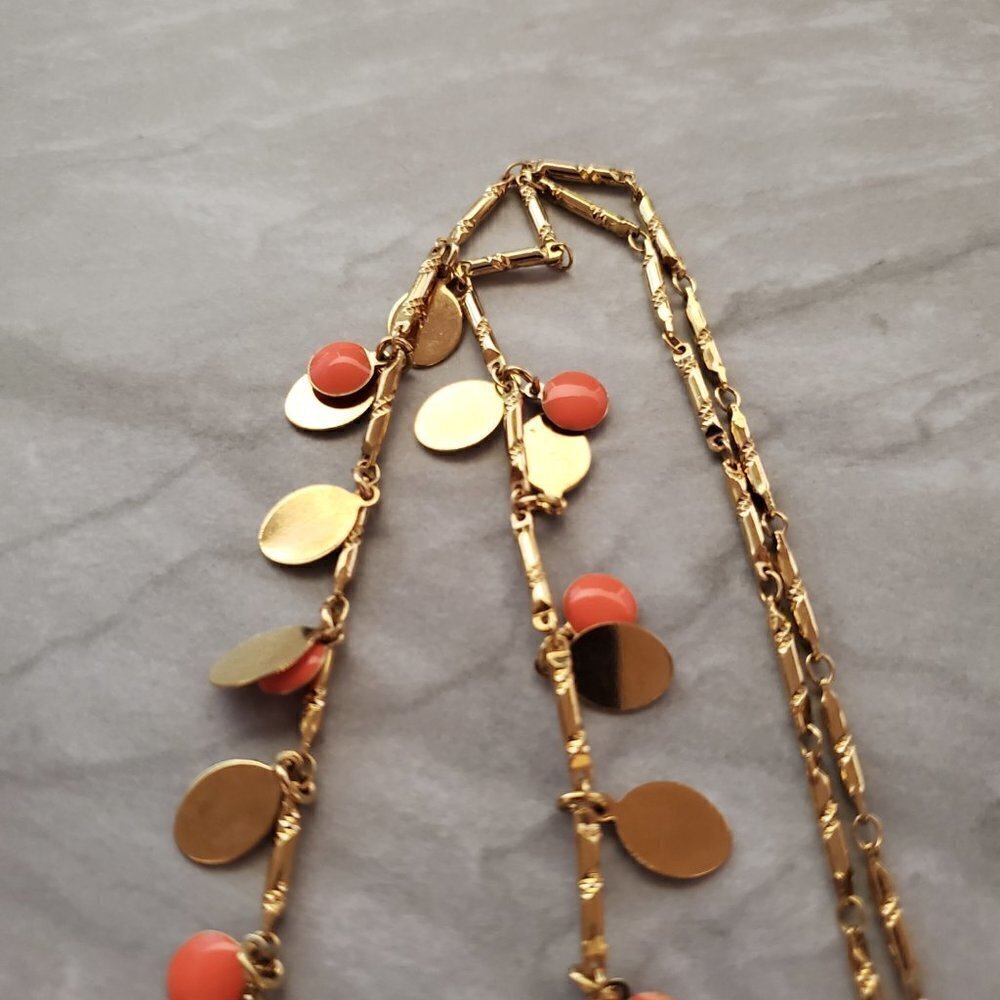 🧡 J.Crew Bright Orange Enamel Disk Gold Long Necklace 🧡 - Picture 5 of 8